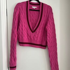 Good American Cropped Pink Cable Knit V-Neck Sweater